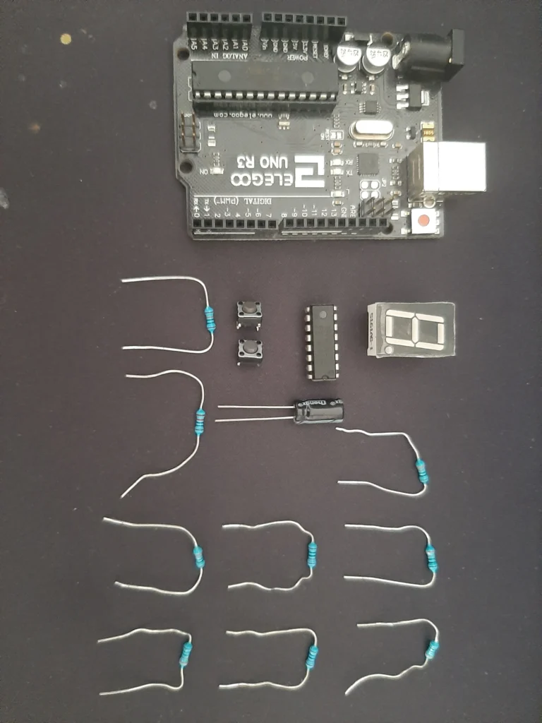 Imagen de los componentes usados en el proyecto del contador decimal con 74HC595 y 7 segmentos