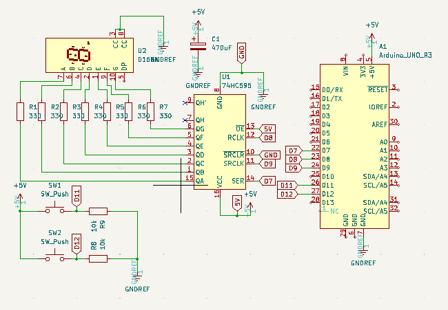 Esquema electrónico del Contador decimal con 74HC595 y 7 segmentos